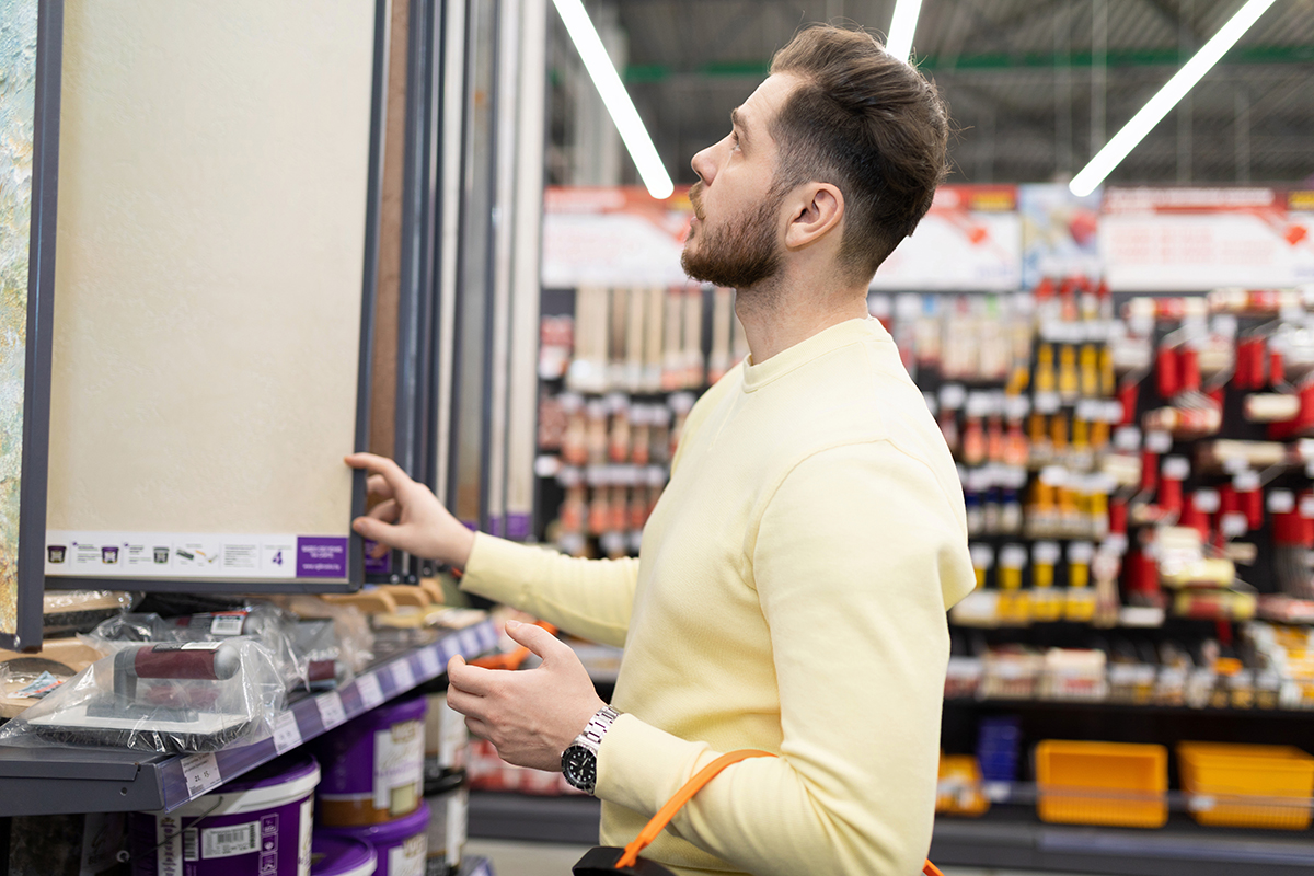 the buyer in the store selects finishing materials for repairs in his apartment