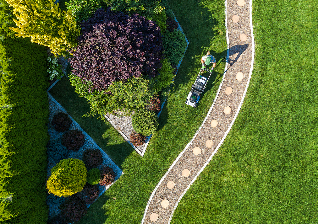 Backyard Garden Grass Mowing Aerial View