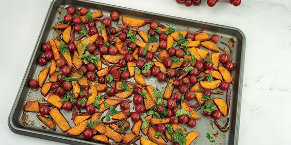 Sheet Pan Roasted Grapes and Sweet Potatoes