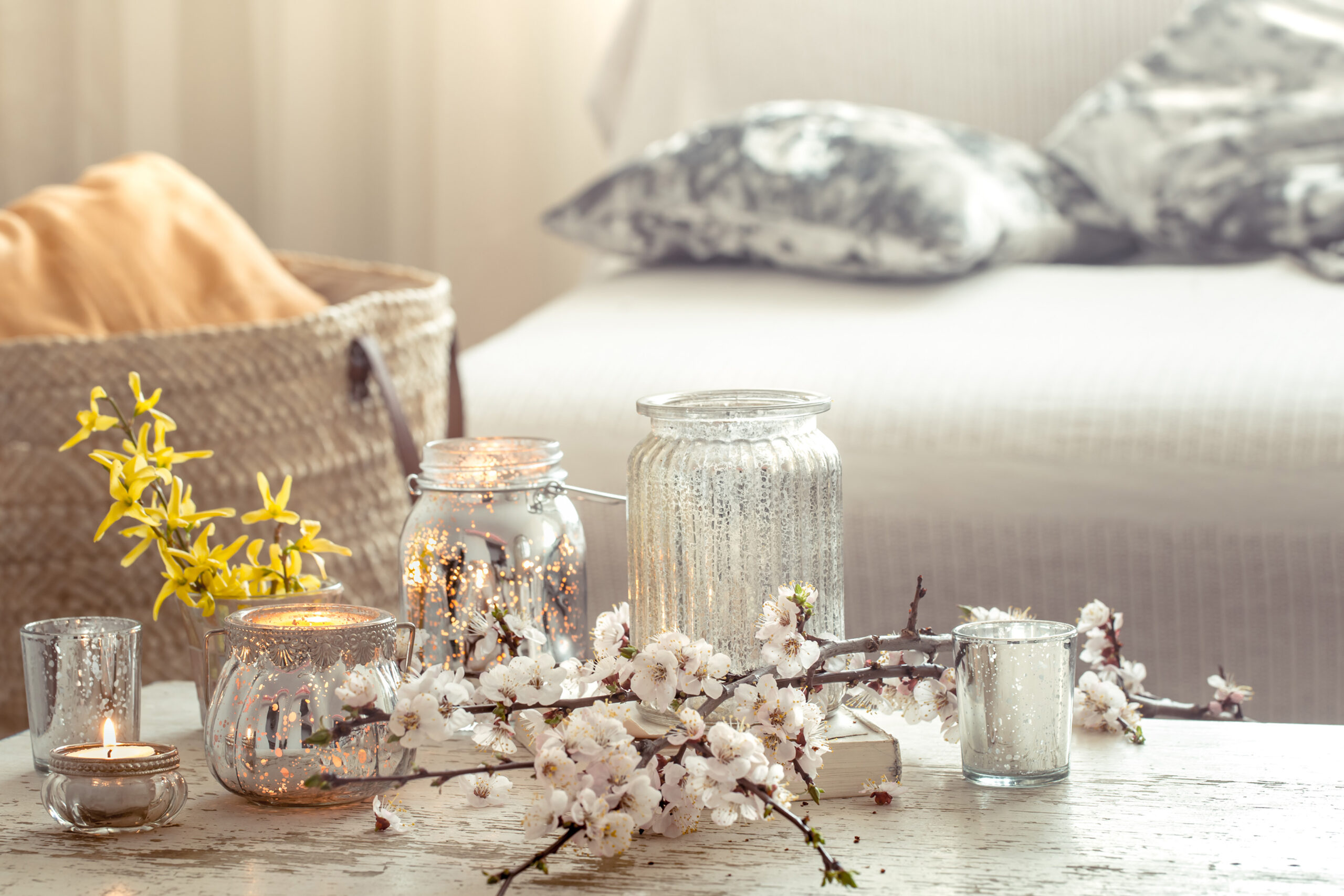 still life flowers with decorative objects in the living room