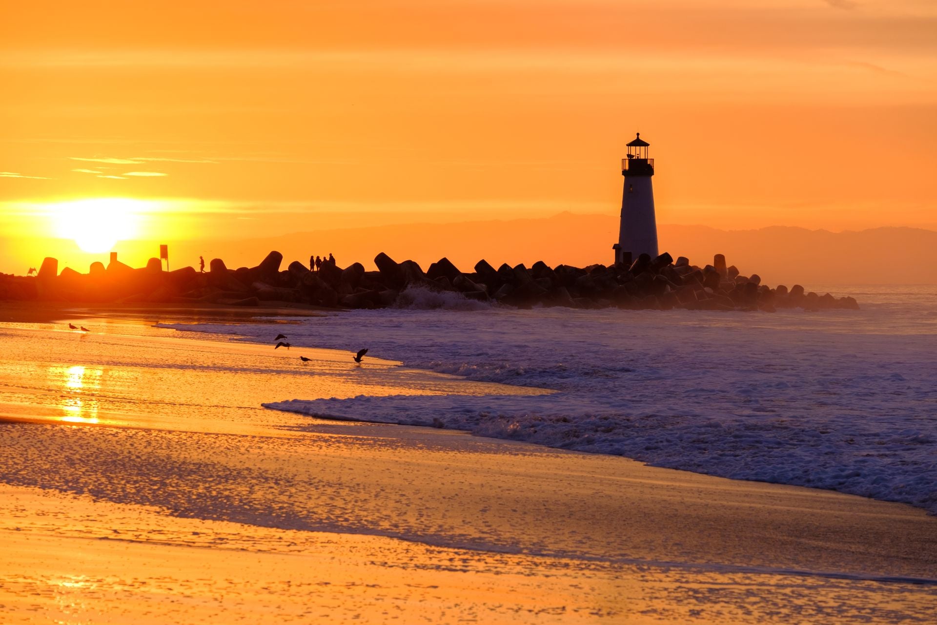 Santa Cruz Breakwater Light (Walton Lighthouse) at sunrise, Pacific coast, California, USA