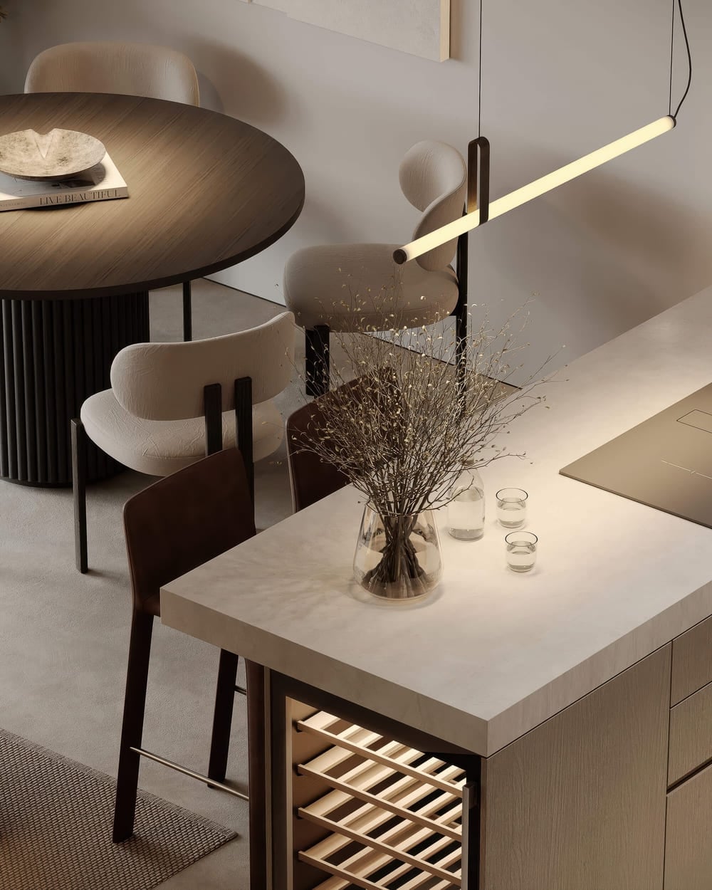 Elegant contemporary kitchen room interior Modern Contemporary white and wood material. 3drender