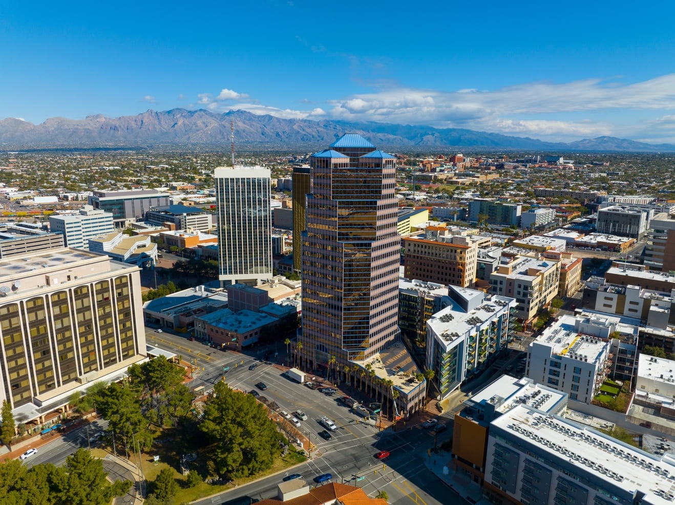Tucson modern skyscrapers including One South Church, Bank of America Plaza and Pima County Legal Services Building on Stone Avenue in downtown Tucson, Arizona AZ, USA.