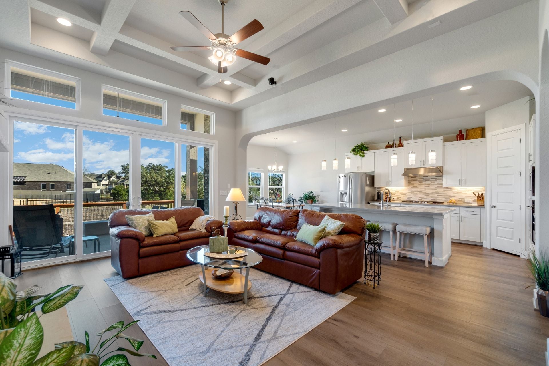 A home living room with a fireplace and bookshelf