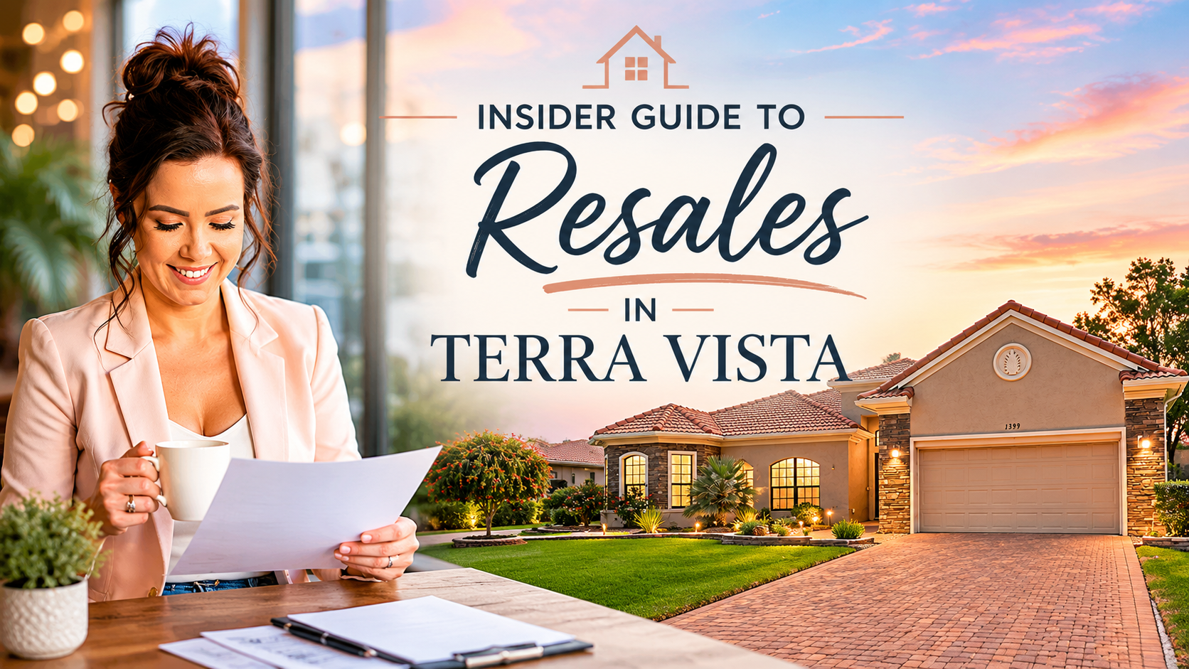 Rachelle Dyson, Broker Associate, reviewing real estate documents with a luxury estate home in Terra Vista of Citrus Hills in the background.