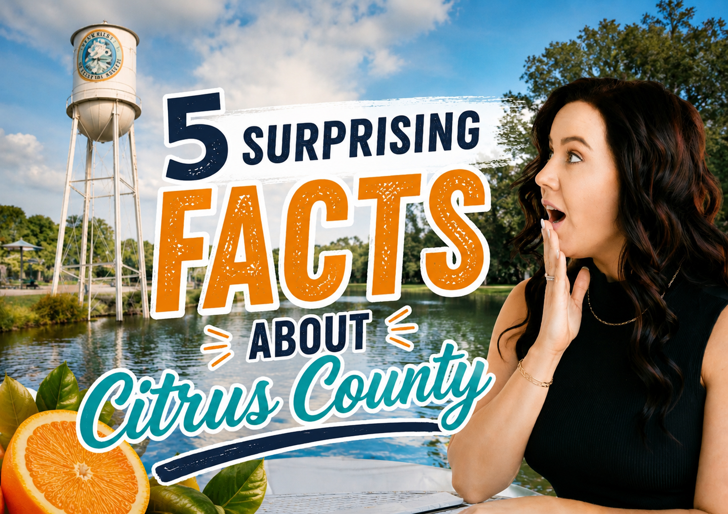 Woman reacting with surprise beside a Citrus County water tower and waterfront scene promoting five surprising facts about Citrus County, Florida.