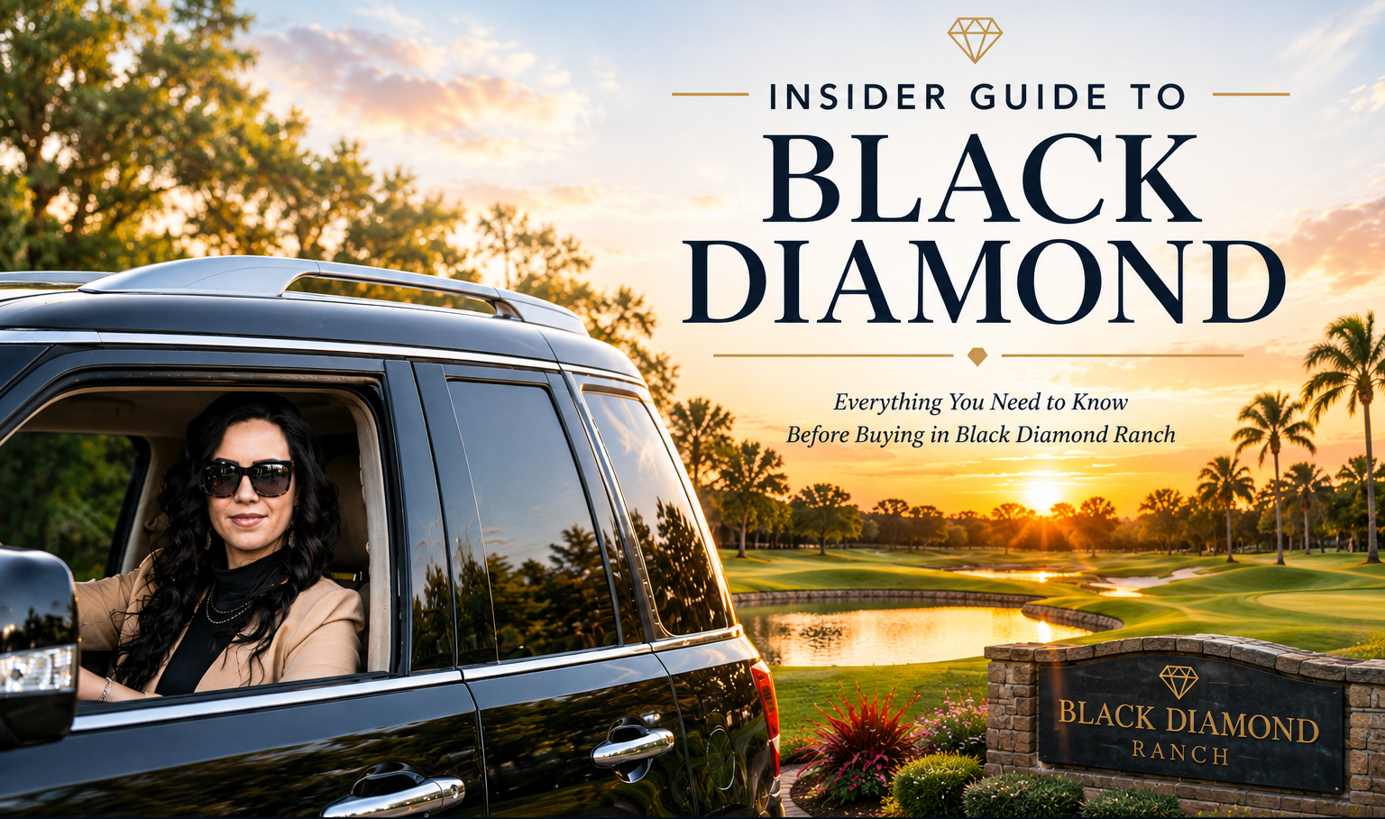 Real estate broker Rachelle Dyson in a luxury vehicle at the gated entrance of Black Diamond Ranch in Lecanto, Florida, overlooking the golf course at sunset.