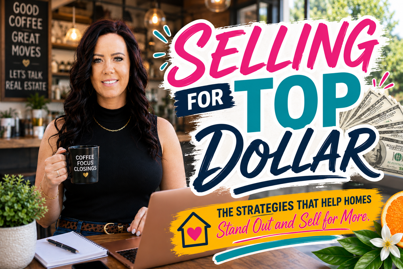 Rachelle Dyson, Citrus County real estate broker associate, sharing expert tips on selling a home for top dollar with a colorful blog graphic featuring a coffee shop background.