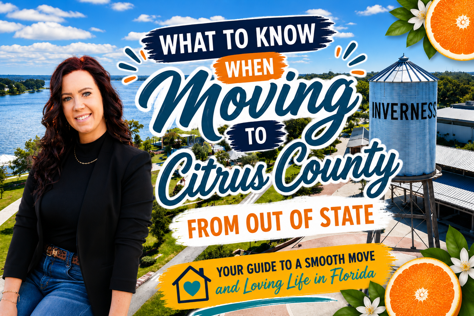 What to Know When Moving to Citrus County From Out of State blog graphic featuring local Realtor Rachelle Dyson with the Inverness water tower and Citrus County Florida scenery.