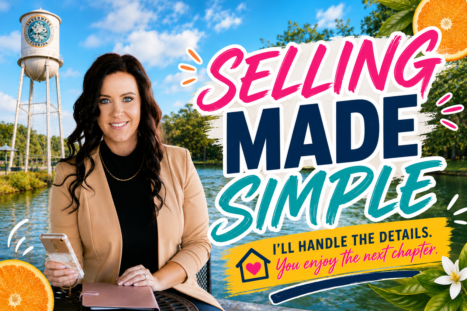 Rachelle Dyson, Citrus County real estate agent, seated outdoors near the Inverness Florida waterfront with text that reads "Selling Made Simple — I'll Handle the Details, You Enjoy the Next Chapter"