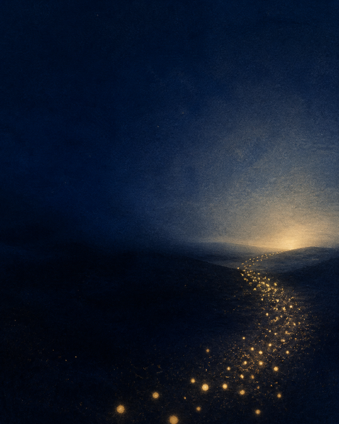 Dark blue and gold path with glowing lights representing life near Tims Ford Lake