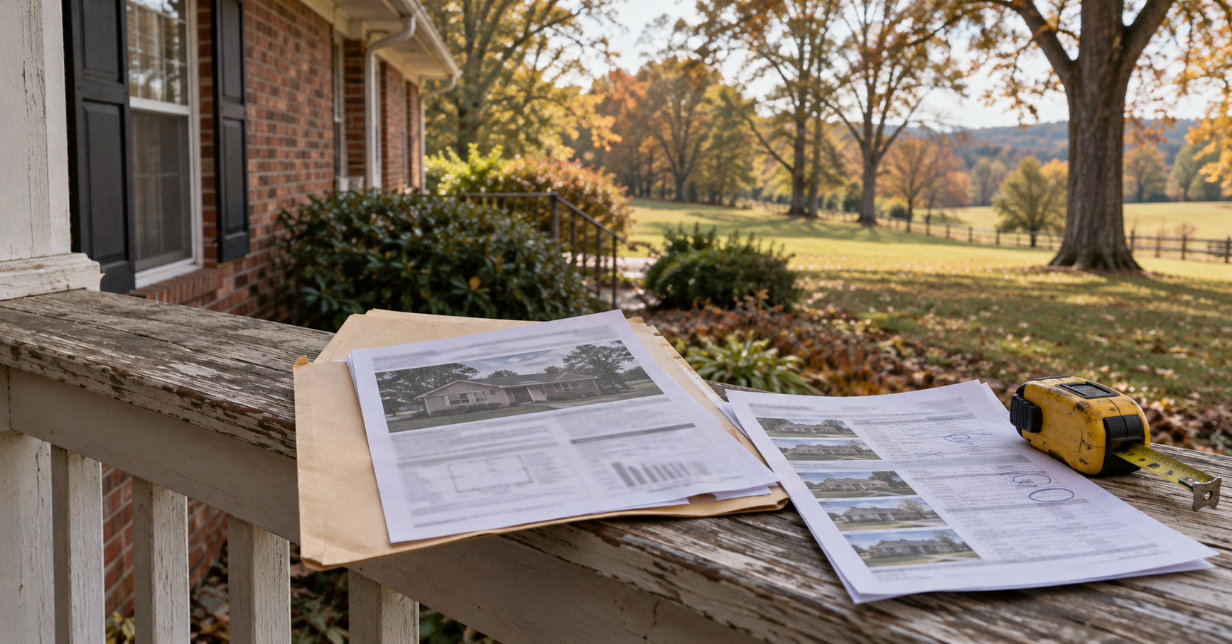 Bank appraisal report, list of comparable home sales, and a tape measure on the porch railing of an older brick home in rural Middle Tennessee