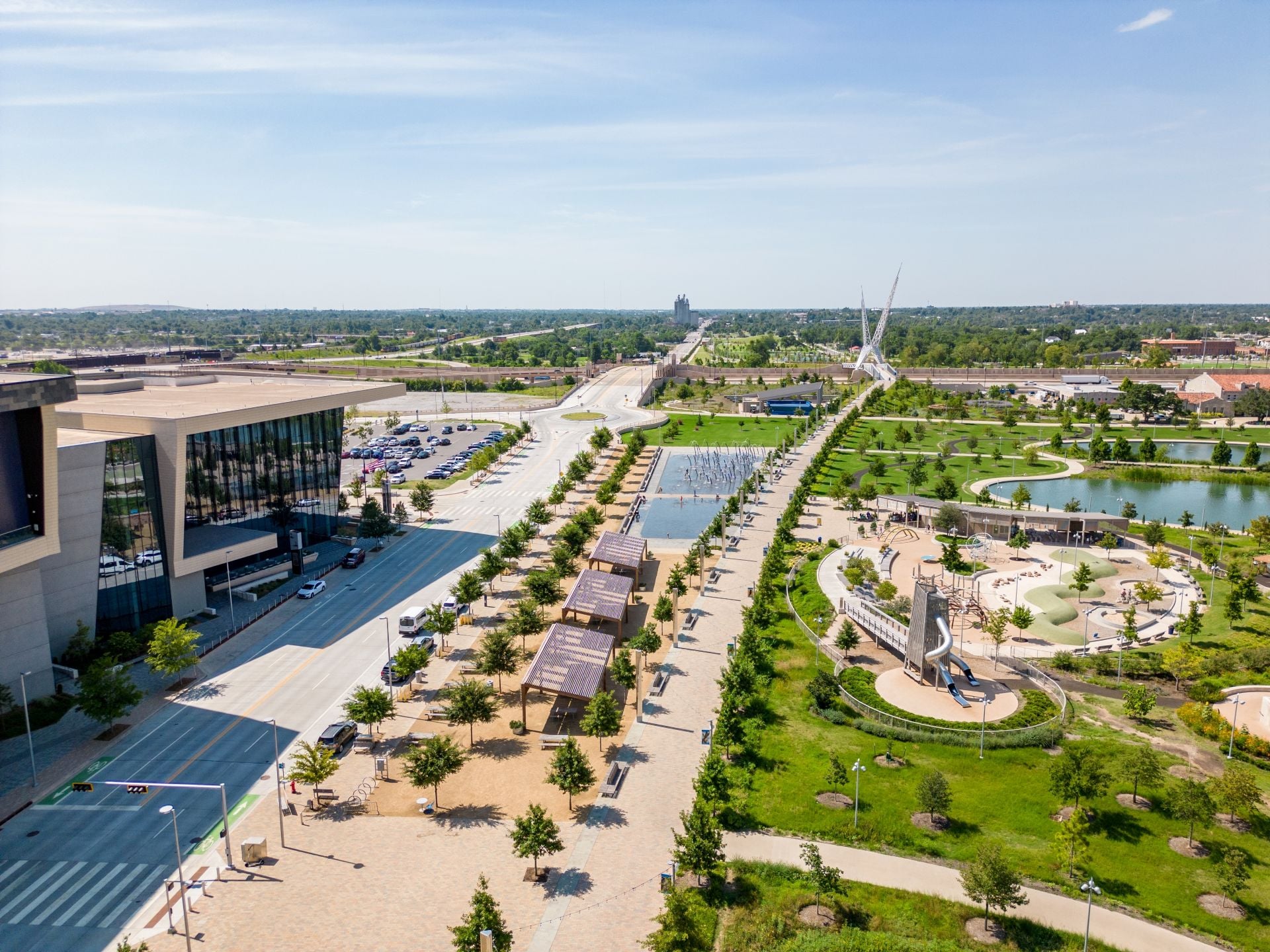 Aerial drone photo summer at Scissortail Park Oklahoma City circa 2023