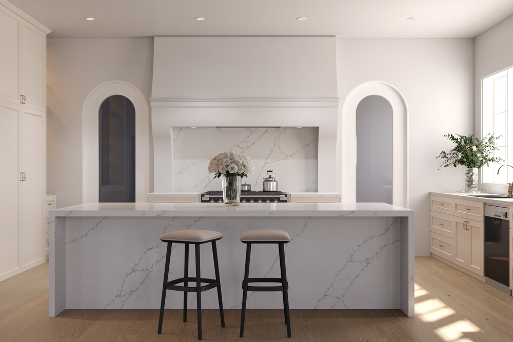 Bright,Kitchen,With,Island,Countertop,,Metallic,Fixtures,,Wooden,Stools.,3d