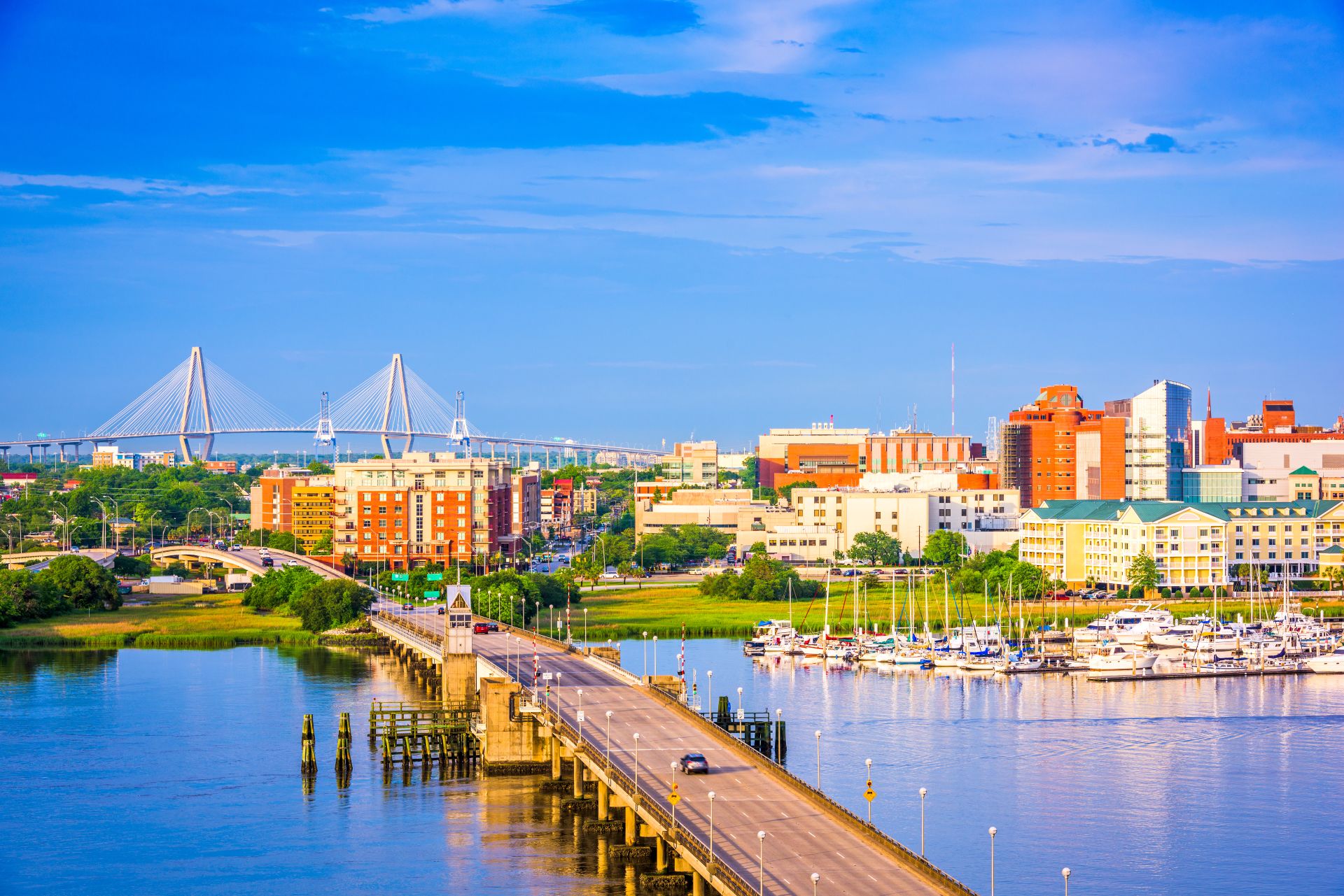 Charleston, South Carolina waterfront with historic homes, marsh views, and the Ravenel Bridge in the distance.