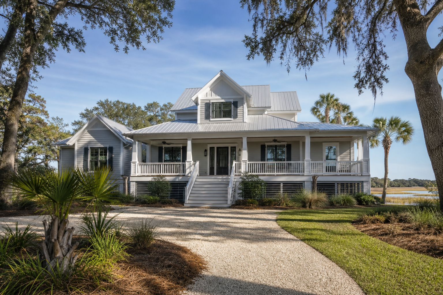Elevated white Lowcountry home with wraparound porch and metal roof on a waterfront lot on Johns Island, South Carolina, with marsh and palmetto trees in the foreground