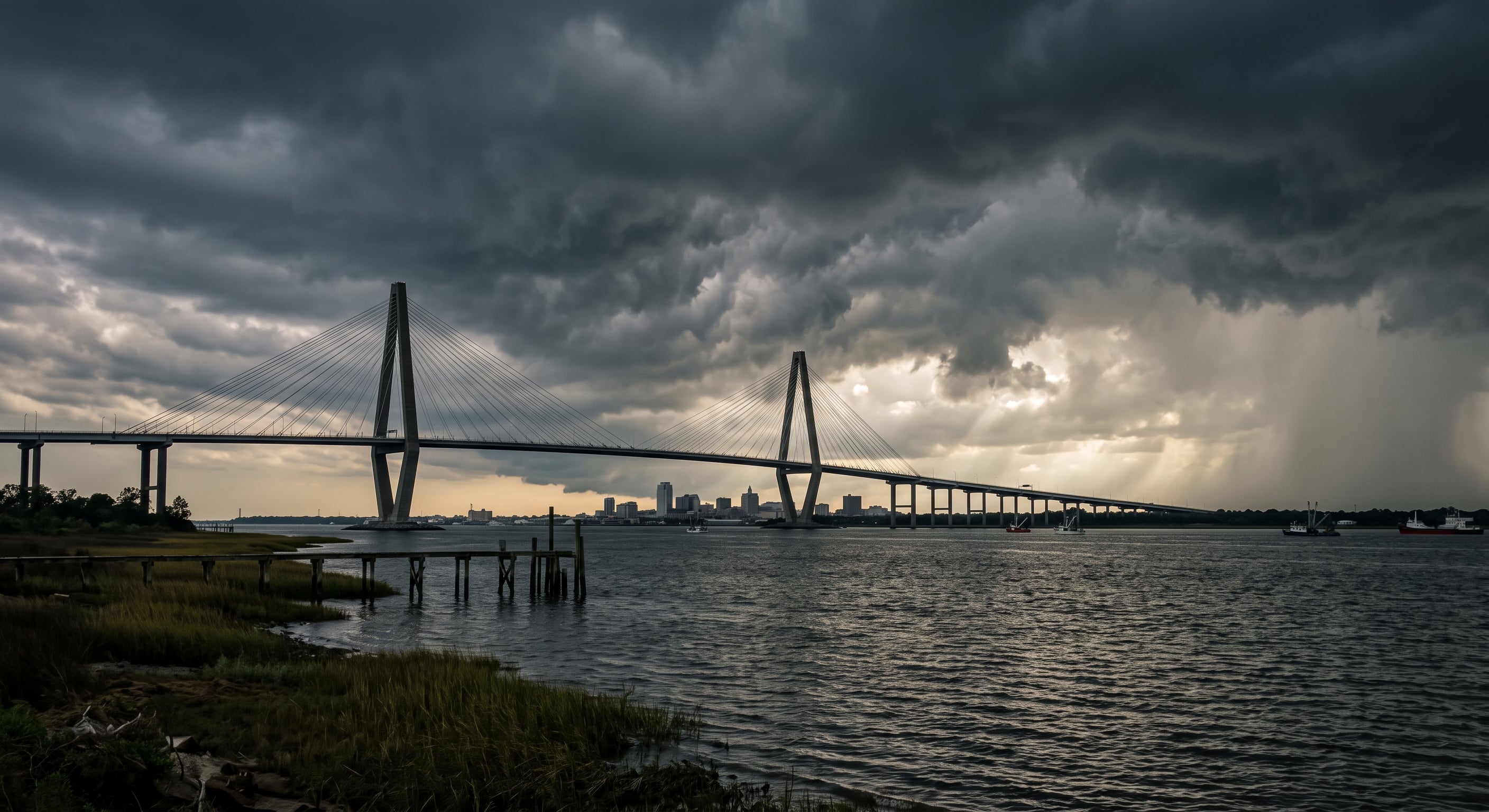 Cinematic, dramatic view of the Ravenel Bridge stretching over Charleston harbor under stormy skies, connecting Mount Pleasant and surrounding islands.