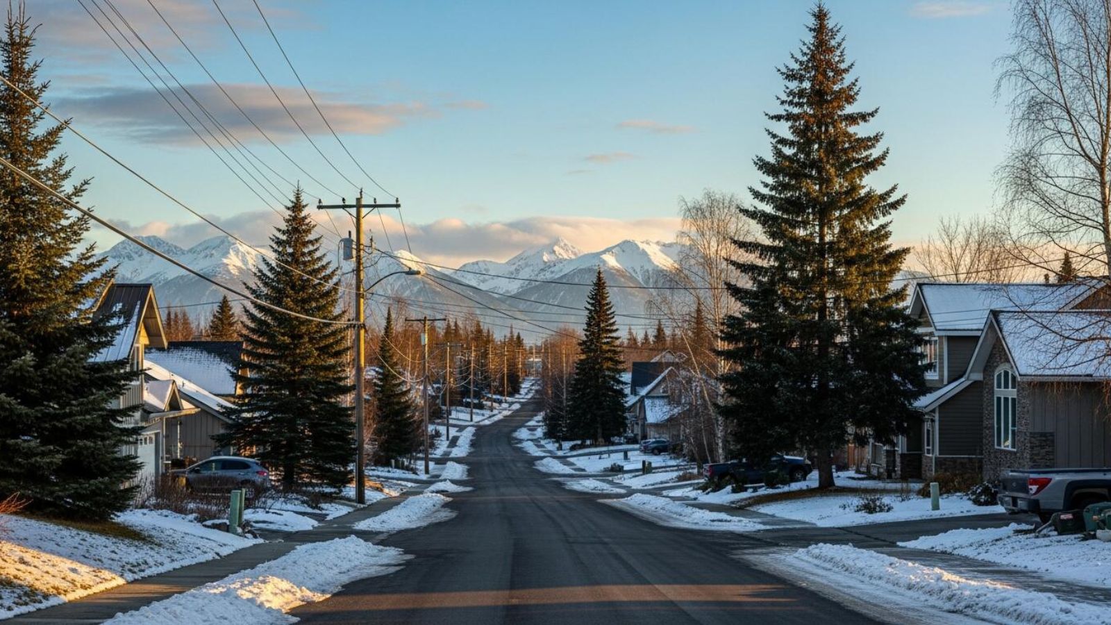 Anchorage neighborhood street with mountain views for a local guide on where to live in Anchorage