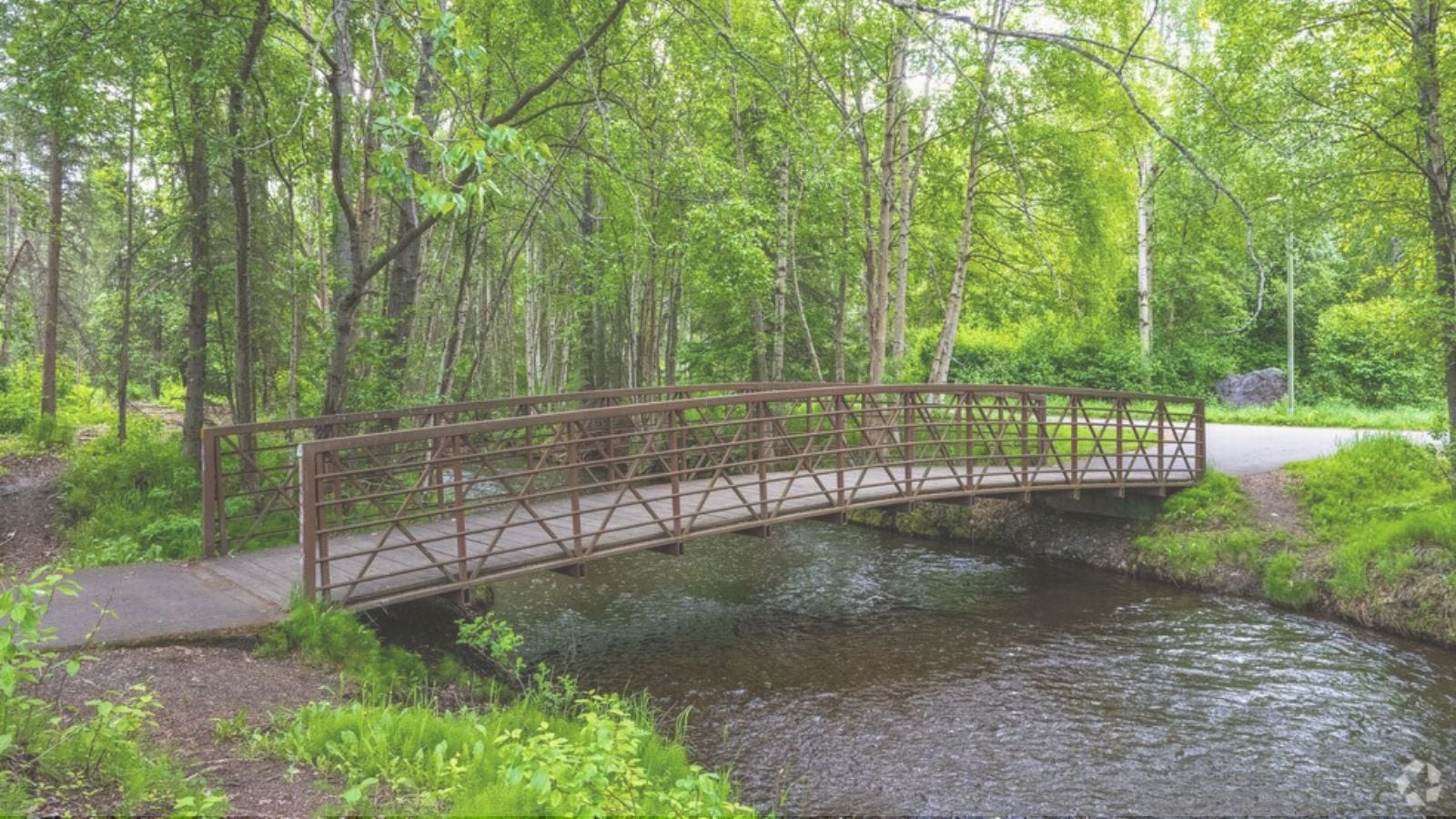 Pedestrian bridge over Chester Creek in Anchorage surrounded by green trees