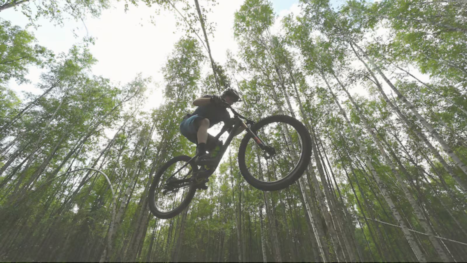 Mountain biker jumping on a forest trail in Anchorage