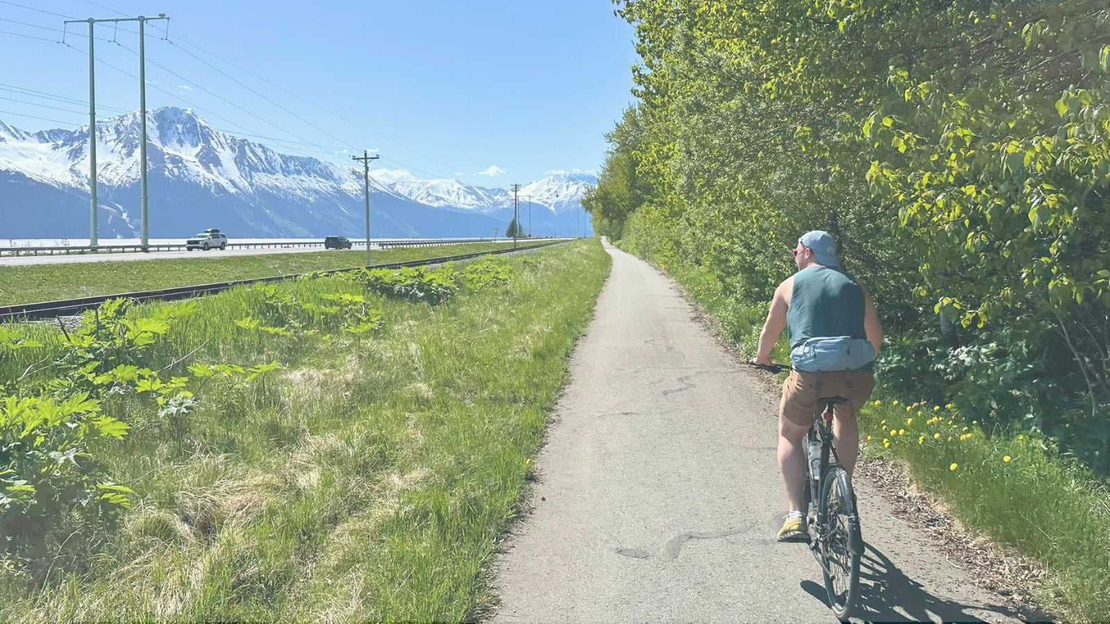Person biking on the Bird to Gird Trail near Girdwood with Turnagain Arm and mountains in the background