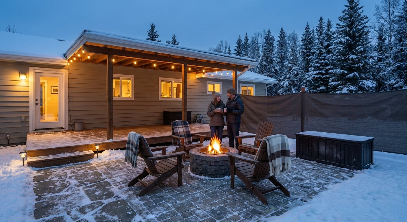 Anchorage outdoor living space with a fire pit and warm fall lighting