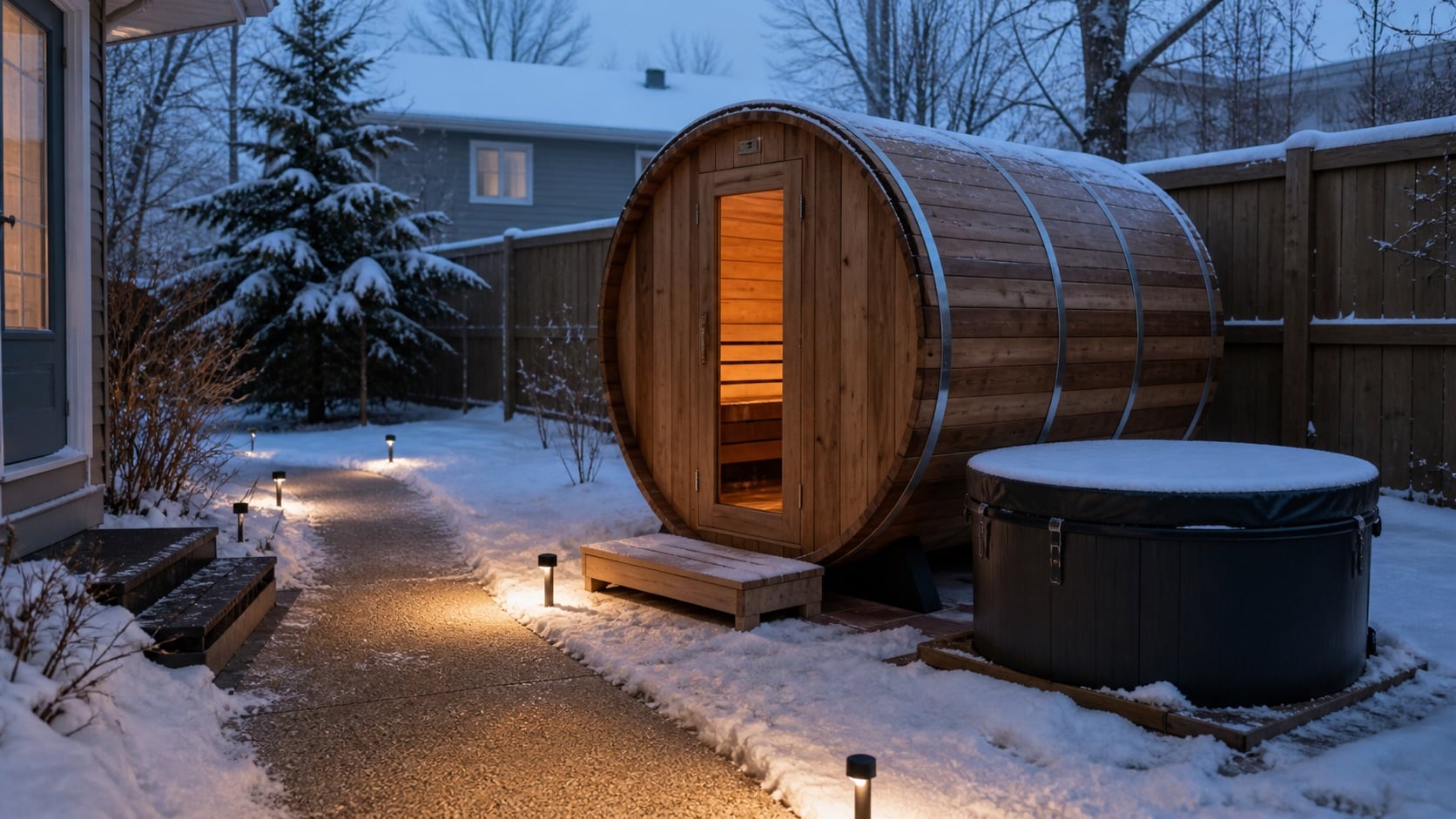Barrel sauna and cold plunge beside a winter path in Anchorage