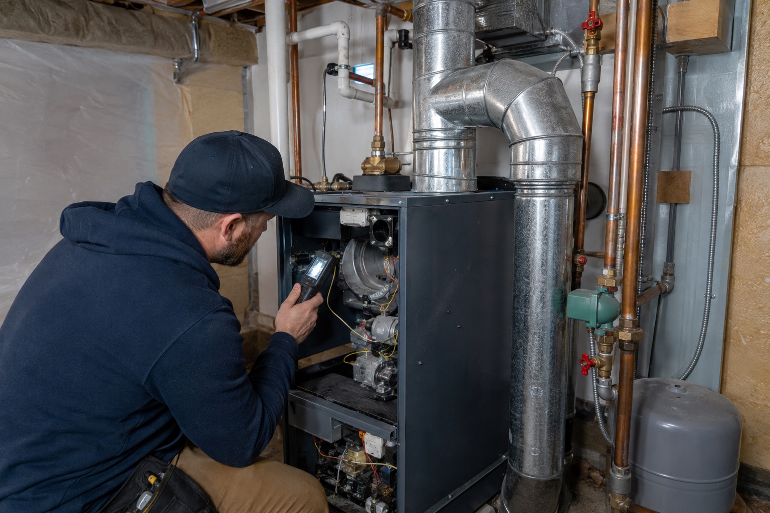Heating technician servicing a boiler in an Anchorage home