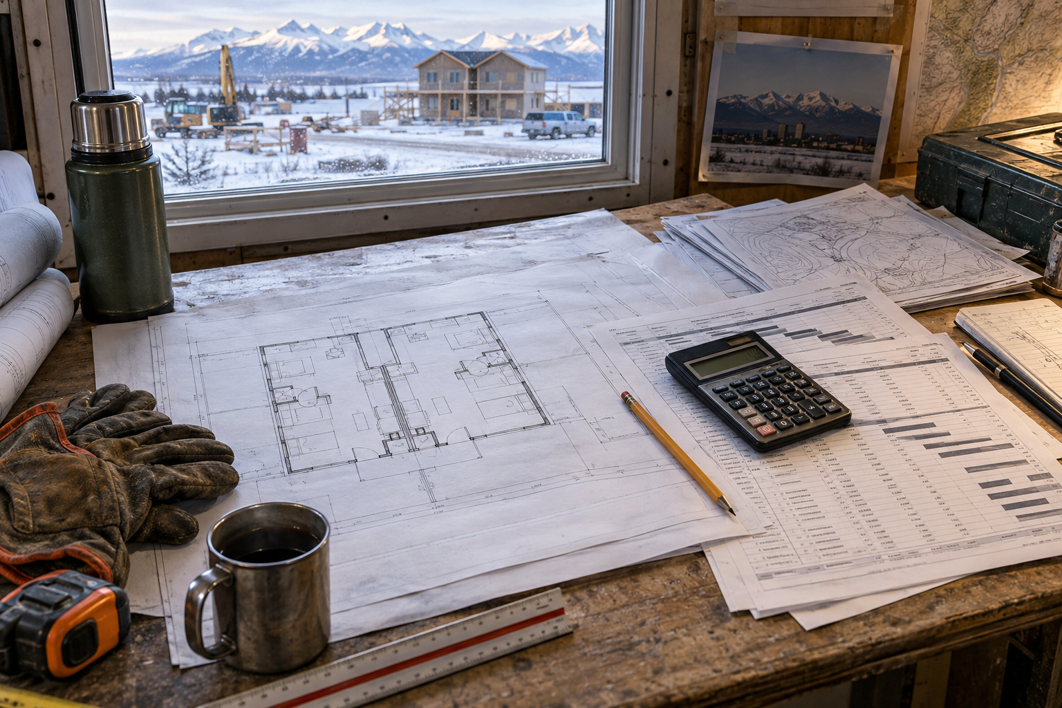 Home plans and a calculator on an Alaska builder's worktable