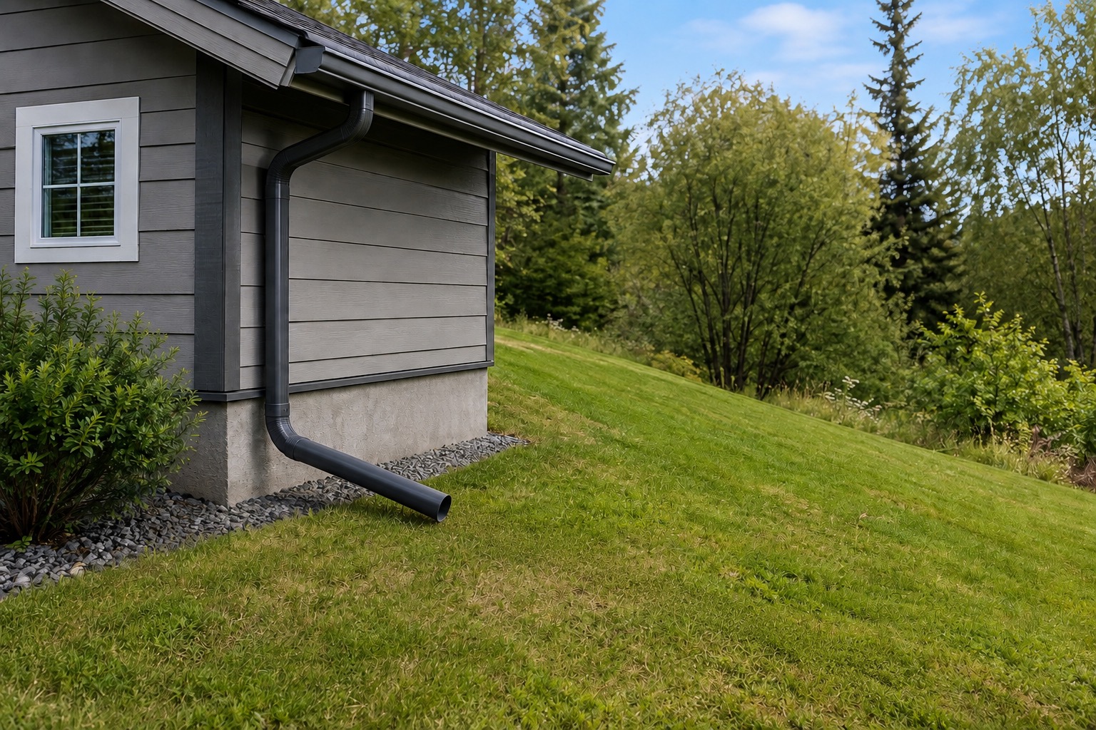 Downspout directing water away from an Anchorage home foundation