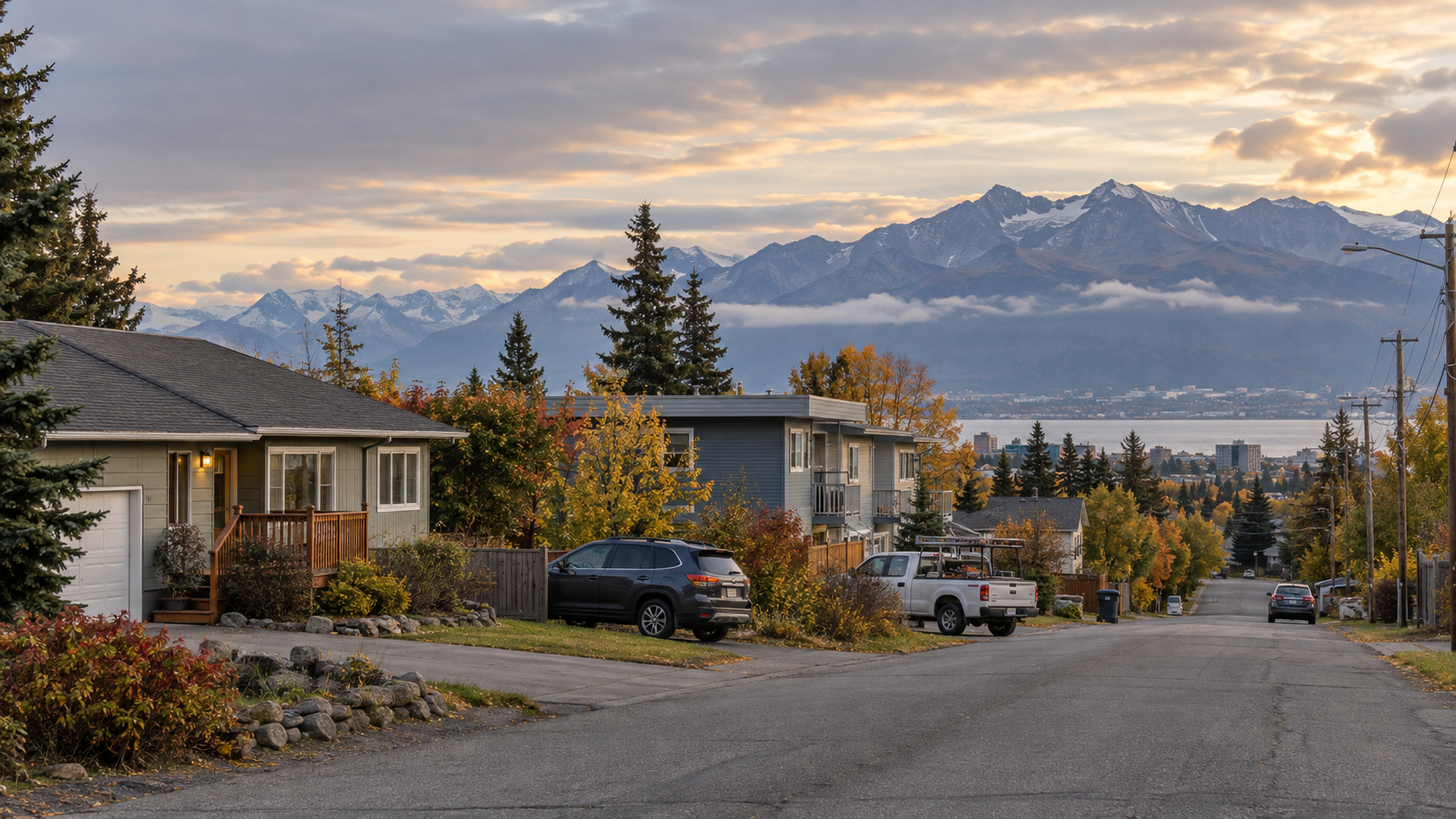 Modest Anchorage homes below the Chugach Mountains in early fall
