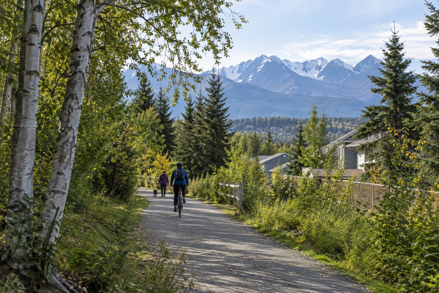 Groomed Anchorage trail showing everyday access to the Chugach Mountains