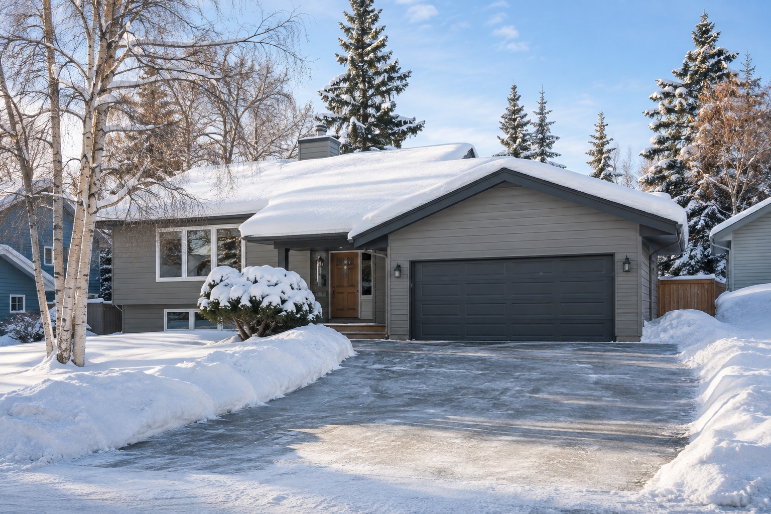 Anchorage home showing roof snow, winter driveway access, and garage storage
