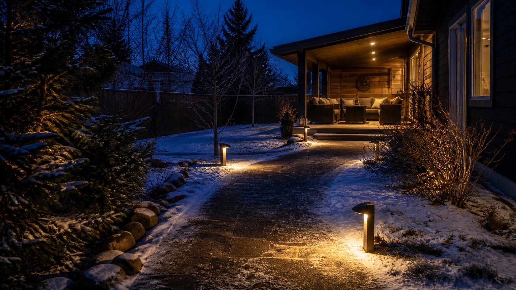 Warm path lighting leading to an Anchorage patio in early winter