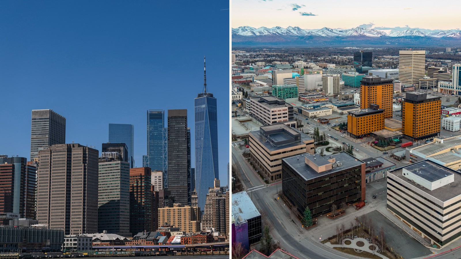 Split view of the New York City skyline and Anchorage skyline for people moving from NYC to Alaska