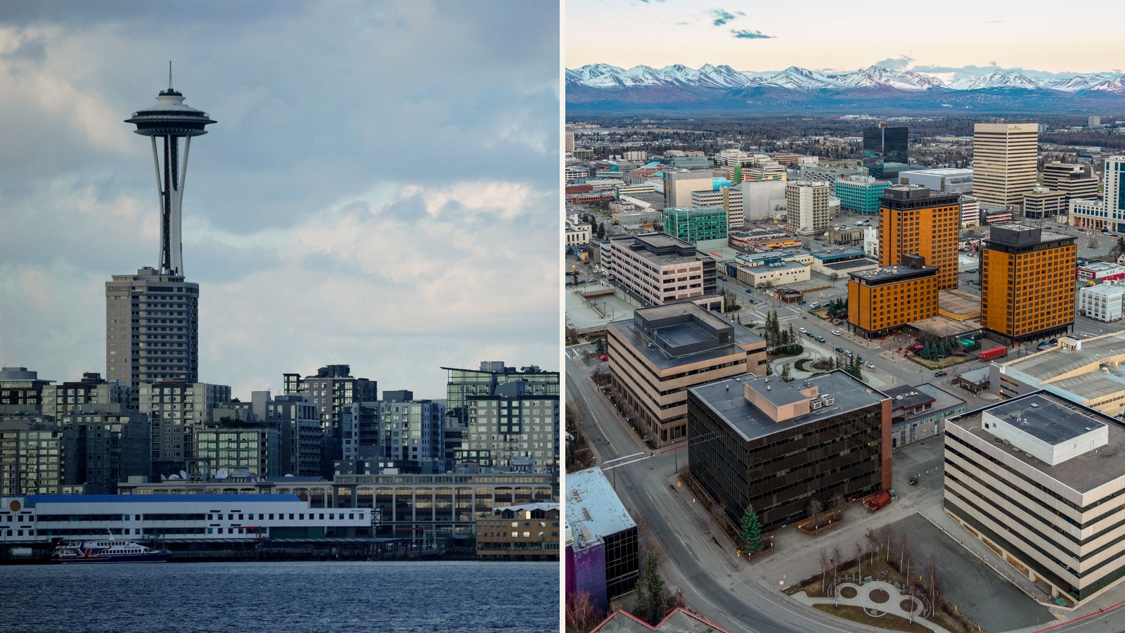 Split view of the Seattle skyline with the Space Needle and downtown Anchorage beneath the Chugach Mountains