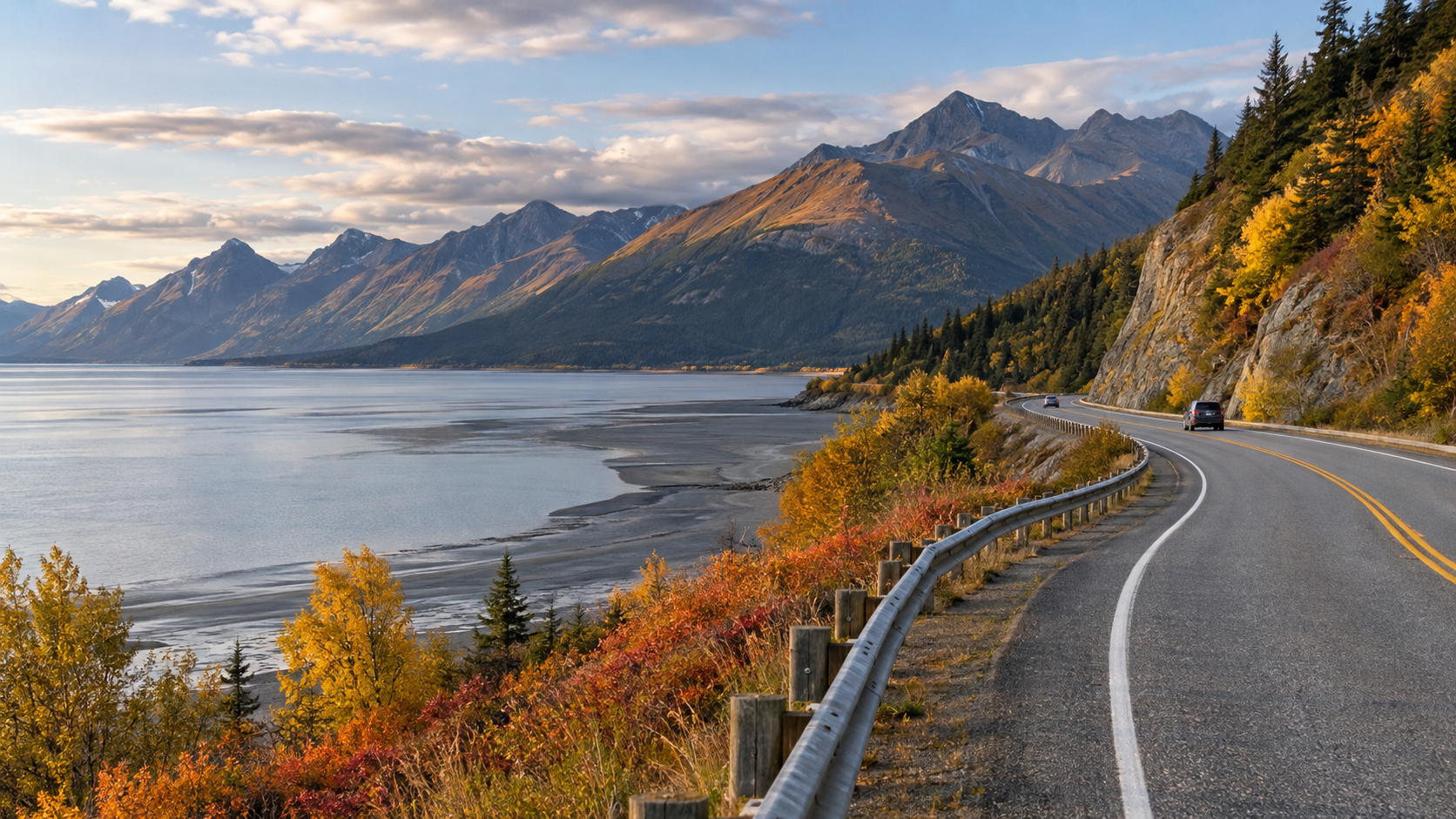Seward Highway beside Turnagain Arm during peak fall foliage