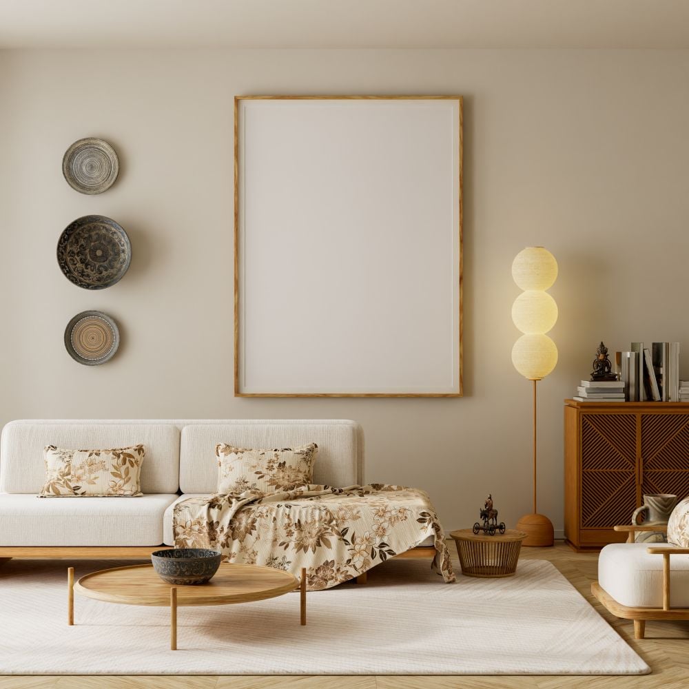 Beige living room mock-up with wooden furniture, warm lighting, and a blank poster frame ready for artwork or design display. 3D illustration.