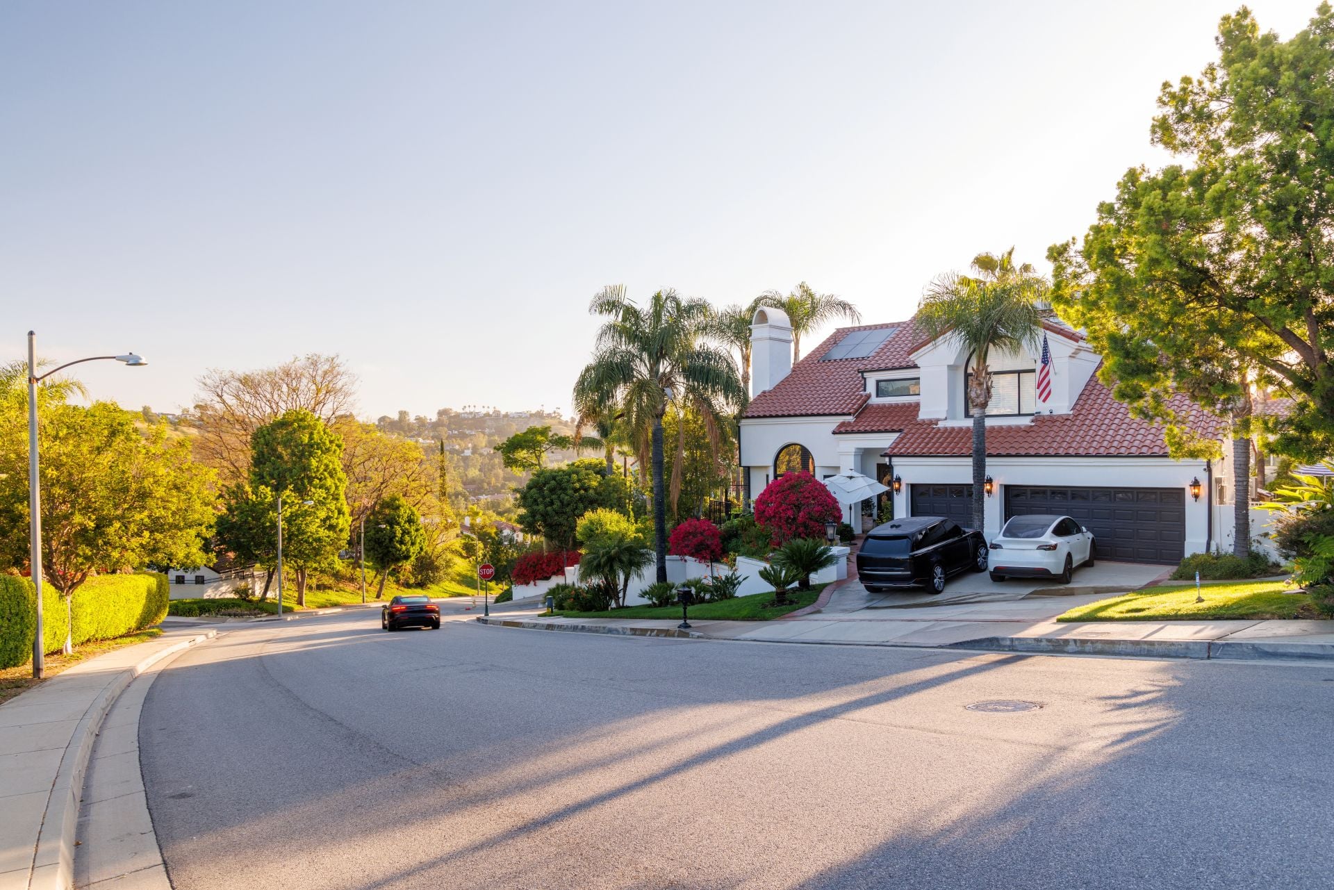 Suburban street with houses in the Los Angeles area, lined with trees under a sunny sky