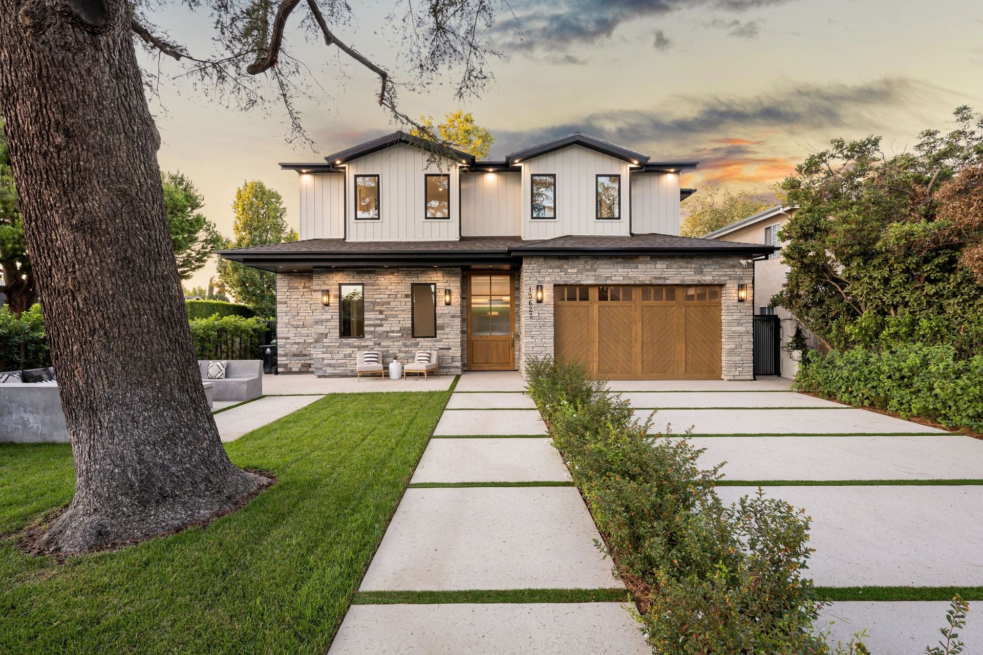 A beautiful modern two-story house in a suburban neighborhood