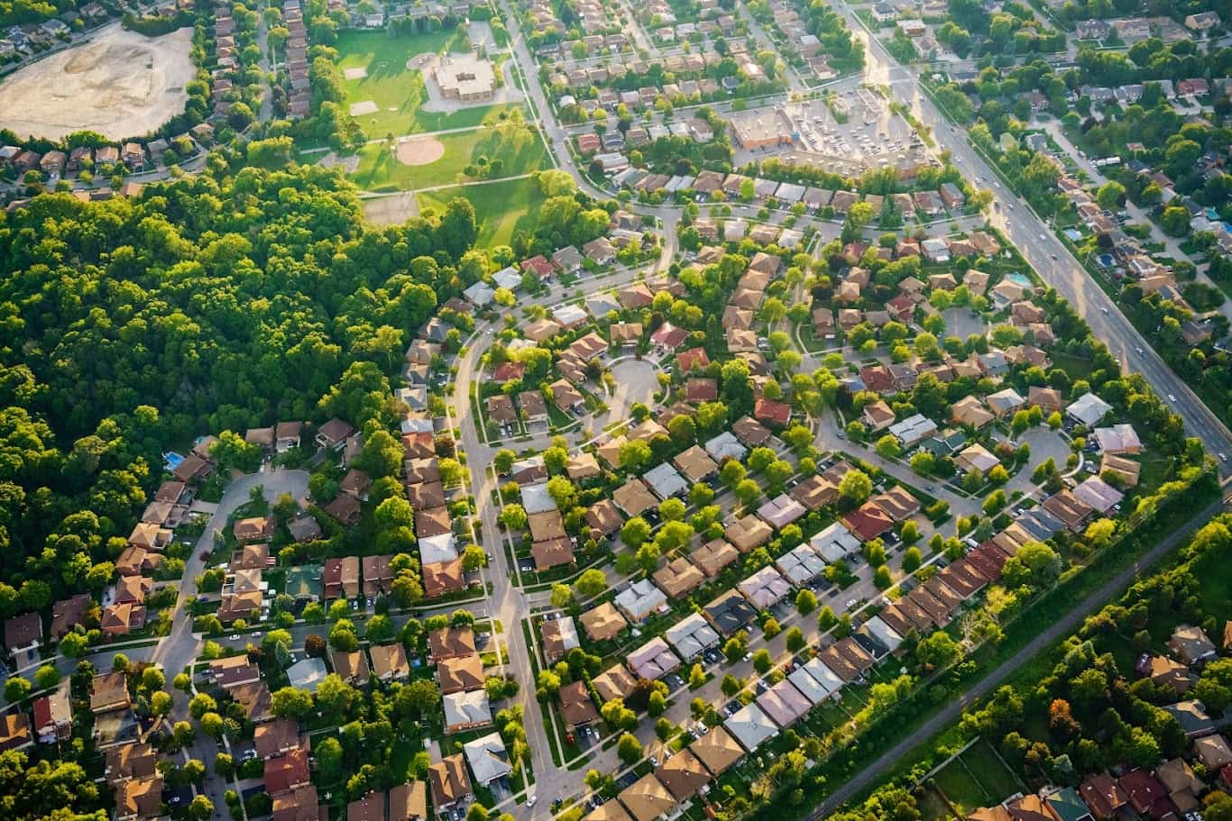 Aerial view of houses in residential suburb, Toronto, Ontario, Canada. aerial picture from ontario canada 2016