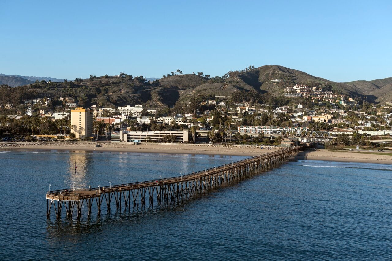 Aerial view of the Ventura Pier and coastline, Ventura, California