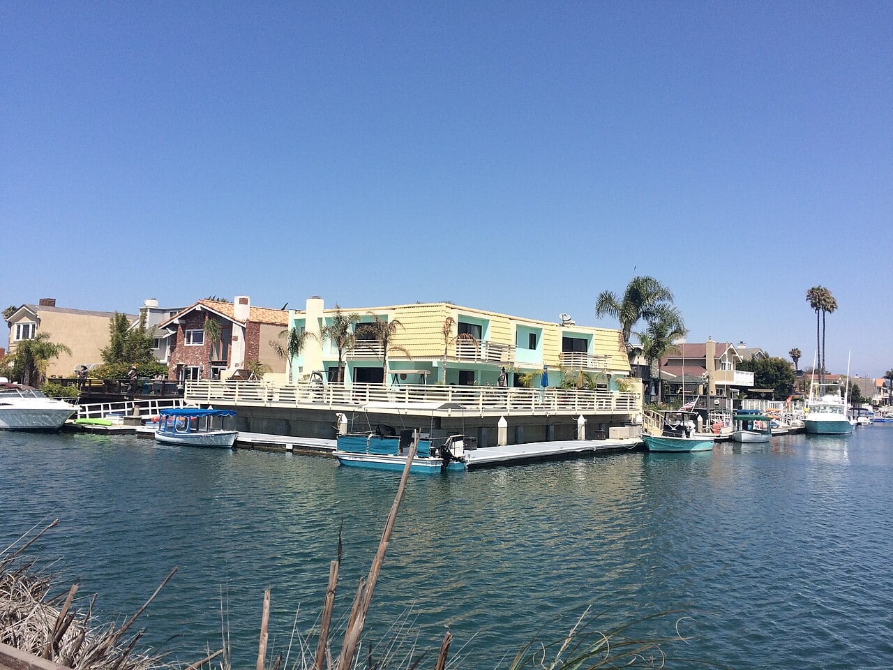 Waterfront homes and boats along the Channel Islands Harbor in Oxnard, California