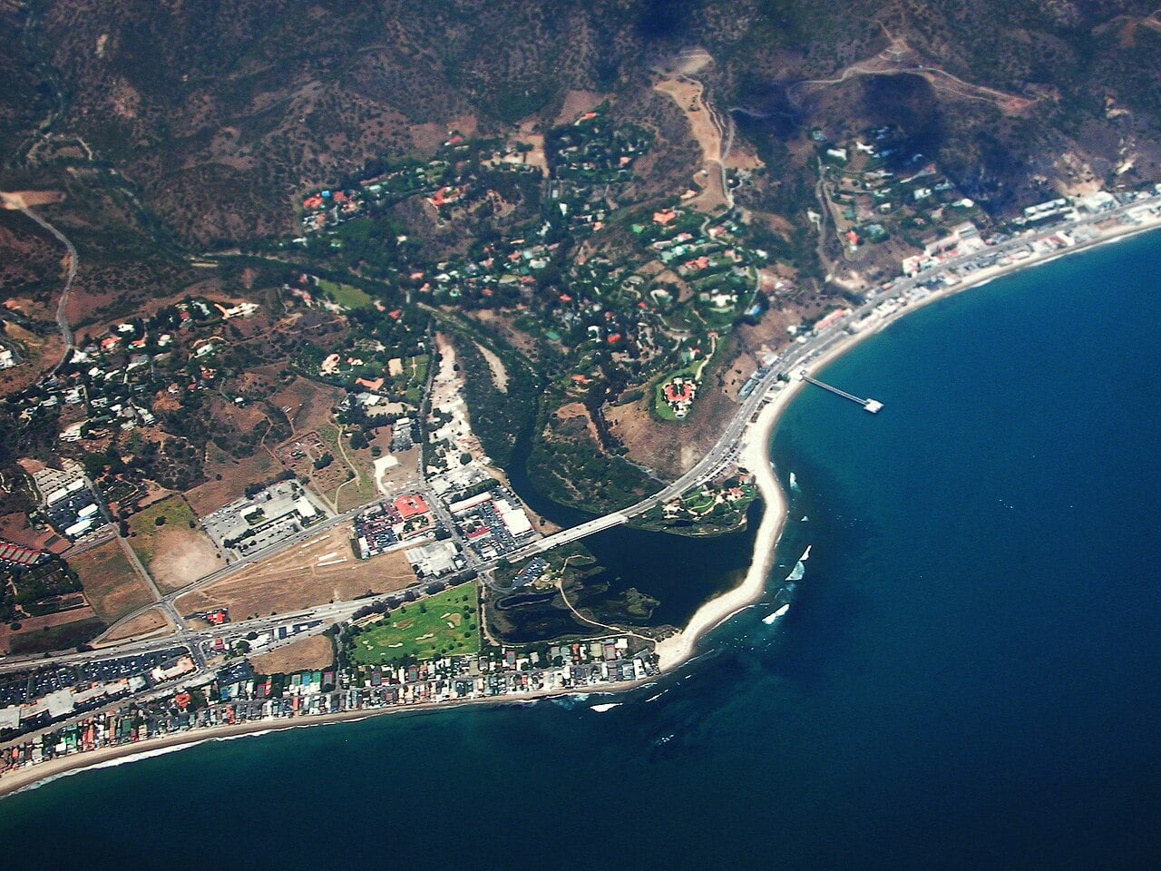 Aerial view of the Malibu coastline and Pacific Coast Highway