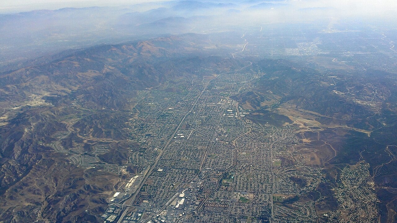 Aerial view of Simi Valley, California, framed by surrounding mountains