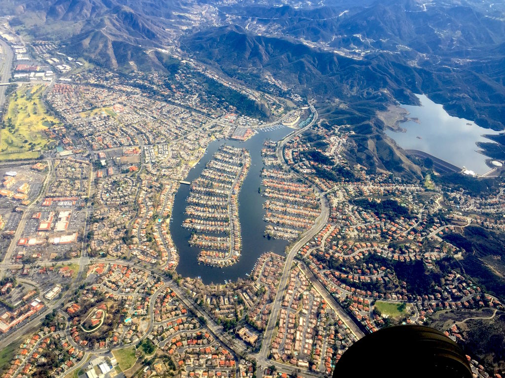 Aerial view of Westlake Lake and the surrounding Westlake Village neighborhoods