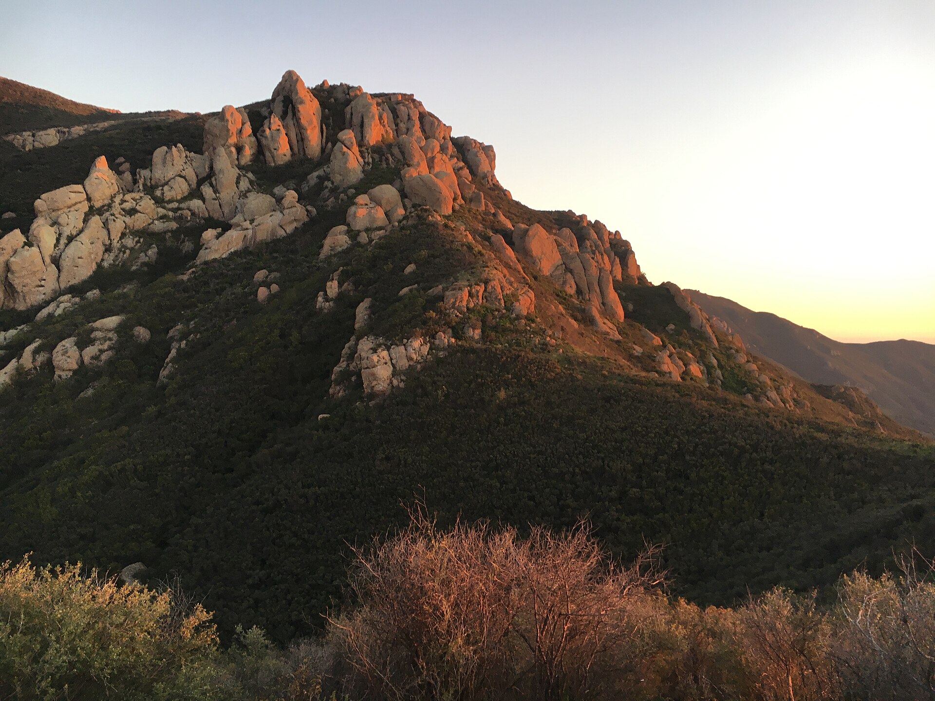 Boney Mountain glowing at sunset above the Conejo Valley trail network