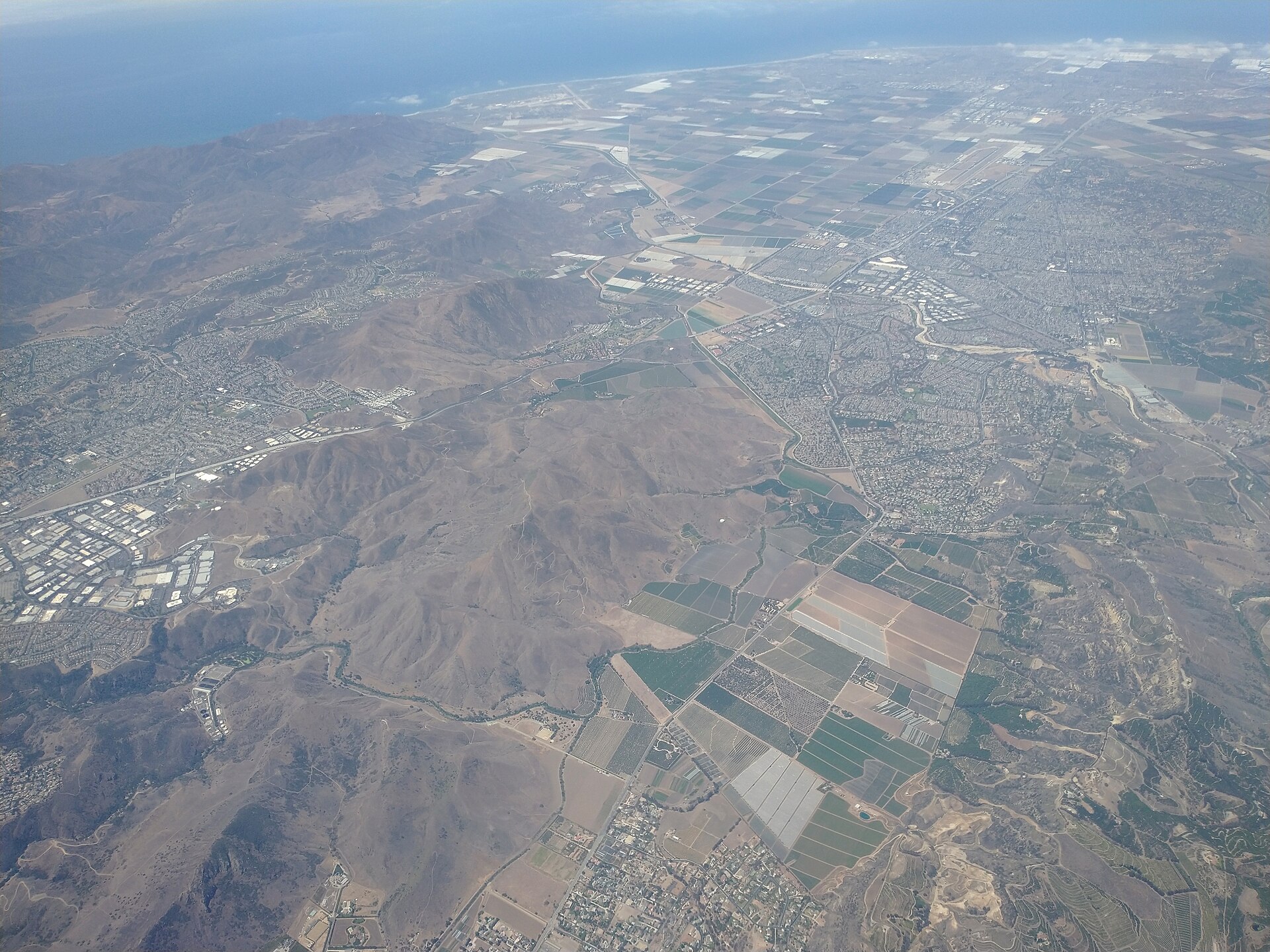 Aerial view of Camarillo, California, with the Conejo Grade hills behind