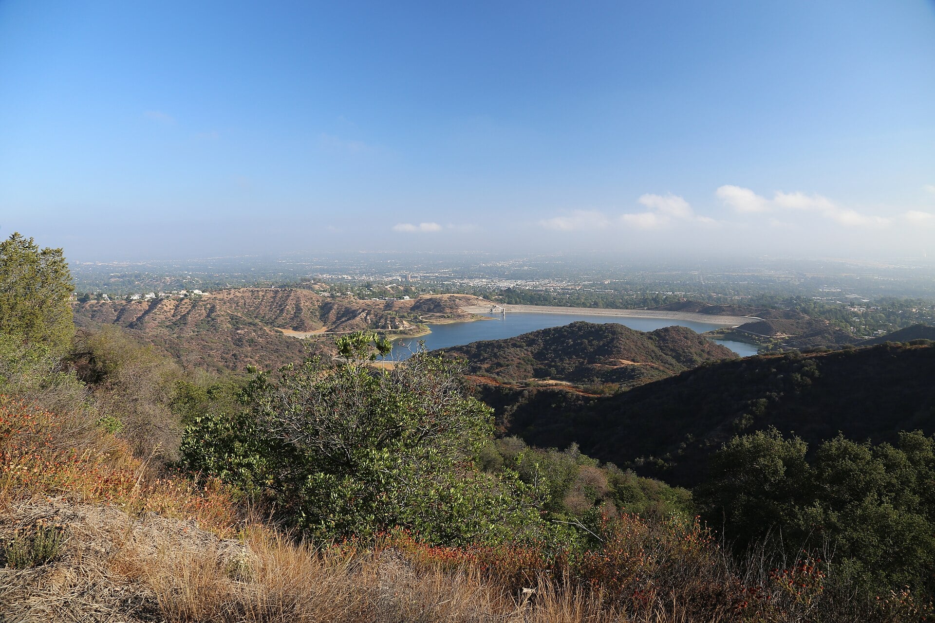 View over Encino and the San Fernando Valley from the Santa Monica Mountains, with Encino Reservoir in the foreground