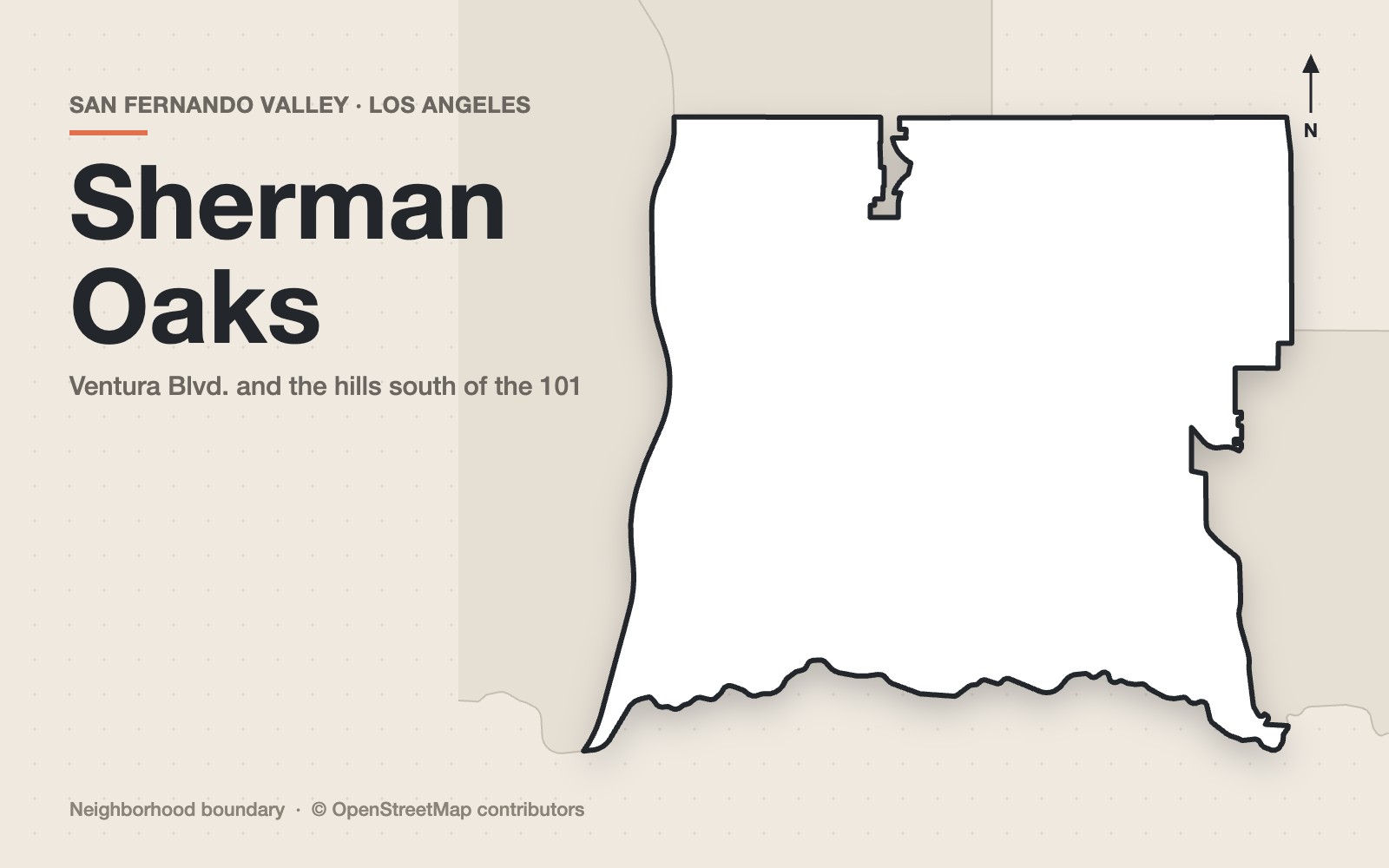 Map outline of the Sherman Oaks neighborhood in the San Fernando Valley, Los Angeles
